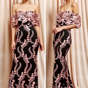 SOIEBLU Off Shoulder Embroidered Mexican Catrina Elegant Mermaid Maxi Dress Sz S